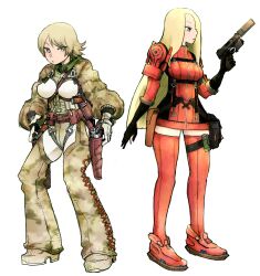 2girls absurdres bag blonde_hair blue_eyes boots breasts doe774 elbow_gloves gloves gun handgun highres holster long_hair medium_breasts metal_gear_(series) metal_gear_acid metal_gear_acid_2 multiple_girls pistol revolver satchel short_hair suppressor teliko_friedman turtleneck venus_(mga) weapon