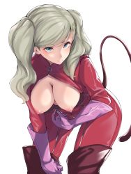 Rule 34 | 1girl, black mutou, blonde hair, blush, bodysuit, boots, breasts, breasts out, cleavage, gloves, green eyes, hanging breasts, highres, large breasts, long hair, looking at viewer, medium breasts, nipples, persona, persona 5, pink gloves, red bodysuit, red thighhighs, simple background, solo, tail, takamaki anne, thigh boots, thighhighs, twintails, unzipped, white background