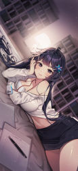Rule 34 | 1girl, absurdres, ahoge, bare shoulders, bed, black eyes, black hair, black skirt, blurry, breasts, camisole, closed mouth, depth of field, dutch angle, hair ornament, hair spread out, hairclip, head rest, highres, id card, indoors, lamp, large breasts, long hair, long sleeves, looking at viewer, lying, midriff, miniskirt, navel, off shoulder, office lady, on bed, on side, original, pen, pencil skirt, s2mias2, shirt, skirt, smile, solo, spaghetti strap, stomach, thighs, undershirt, very long hair, white shirt
