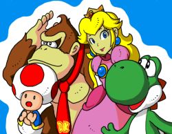 Rule 34 | 1girl, 3boys, ape, blonde hair, blue background, blue eyes, crown, donkey kong, donkey kong (series), donkey kong country, dress, earrings, everyone, hand over head, jewelry, long hair, looking at viewer, lowres, mario (series), multiple boys, necktie, nintendo, pink dress, princess, princess peach, simple background, smile, super mario bros. 1, toad (mario), vest, yoshi