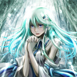 Rule 34 | 1girl, bamboo, bamboo forest, bare shoulders, blue eyes, detached sleeves, forest, frog hair ornament, green hair, hair ornament, highres, interlocked fingers, jewelry, jiraiken, kochiya sanae, lips, long hair, nature, necklace, own hands clasped, own hands together, praying, shirt, snake hair ornament, solo, sunlight, touhou, upper body, wide sleeves