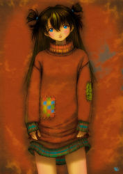 Rule 34 | 1girl, blue eyes, blush, brown hair, dress, flat chest, hair between eyes, head tilt, highres, kobayashi yuji, long hair, looking at viewer, naked sweater, neon genesis evangelion, parted bangs, patch, plaid, red background, scrunchie, shirt, short twintails, signature, sleeves past wrists, solo, souryuu asuka langley, standing, stitches, striped, sweater, sweater dress, turtleneck, twintails, two side up