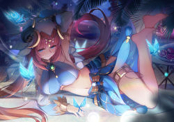 Rule 34 | 1girl, absurdres, barefoot, blue butterfly, blue eyes, blue nails, blue skirt, blush, breasts, bug, butterfly, closed mouth, crop top, detached sleeves, floating hair, full body, genshin impact, highres, horns, insect, large breasts, long hair, long sleeves, lying, midriff, nail polish, navel, nilou (genshin impact), on side, palm leaf, pink hair, puffy long sleeves, puffy sleeves, sideways glance, skirt, solo, thighlet, thighs, toenail polish, toenails, twintails, veil, very long hair, xingchee