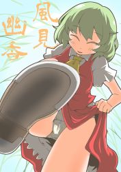 Rule 34 | 1girl, ^ ^, ascot, blush, blush stickers, commentary request, closed eyes, femdom, from below, green hair, kazami yuuka, panties, pantyshot, plaid, plaid skirt, pov, print panties, short hair, skirt, smile, solo, stepped on, touhou, underwear, zannen na hito