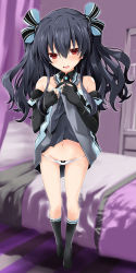 Rule 34 | 1girl, :d, bare shoulders, black dress, black gloves, black hair, blush, clothes lift, dress, dress lift, elbow gloves, embarrassed, fingerless gloves, gloves, groin, hair between eyes, hair ribbon, hands up, highres, iwashi dorobou -r-, legs, lifted by self, long hair, looking at viewer, midriff, navel, neptune (series), open mouth, panties, red eyes, ribbon, smile, solo, thighs, two side up, underwear, uni (neptunia), white panties
