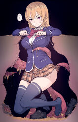 Rule 34 | ..., 1girl, black background, black footwear, blonde hair, blue jacket, blue thighhighs, bow, bowtie, breasts, brown skirt, clothes lift, collared shirt, expressionless, hair between eyes, haoni, highres, imminent rape, inside creature, jacket, kankaku shadan, large breasts, loafers, long hair, long sleeves, nakiri erina, peanut butter, plaid, plaid skirt, purple eyes, red bow, red bowtie, shirt, shoes, shokugeki no souma, skirt, skirt lift, speech bubble, striped bow, striped bowtie, striped clothes, tentacle pit, tentacles, thighhighs, through ground, tootsuki saryou ryouri gakuen uniform, trapped, unworn shoes, white shirt