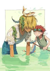 Rule 34 | 2boys, aged down, blonde hair, child, eustass kid, fish, fishing, hair over eyes, highres, killer (one piece), male focus, mulso, multiple boys, one piece, red hair, seaweed, sleeveless, sleeves rolled up, submerged