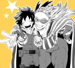 Rule 34 | 1boy, 1girl, ^ ^, age difference, american flag, american flag print, belt pouch, bent over, blue eyes, blush, boku no hero academia, breasts, buckle, closed eyes, cowboy shot, domino mask, eyebrows hidden by hair, flag print, ganbartohu0, gloves, greyscale with colored background, hair slicked back, hands up, happy, head tilt, impossible hair, long hair, looking at viewer, mask, medium breasts, midoriya izuku, muscular, muscular female, nose, open mouth, outline, outstretched arm, pouch, round teeth, short hair, side-by-side, simple background, skin tight, smile, snap-fit buckle, spot color, star (symbol), star and stripe (boku no hero academia), striped bodysuit, striped cape, superhero costume, teeth, thick thighs, thighs, upper body, v, vambraces, white outline, yellow background