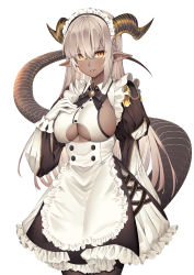 Rule 34 | 1girl, absurdres, apron, black dress, black pantyhose, black ribbon, blunt bangs, blush, breast suppress, breasts, brooch, clothing cutout, cowboy shot, dark-skinned female, dark skin, dragon horns, dragon tail, dress, frilled apron, frilled dress, frills, gloves, highres, horns, jewelry, juliet sleeves, large breasts, long hair, long sleeves, maid, maid headdress, neck ribbon, original, pantyhose, parted lips, pointy ears, puffy sleeves, ribbon, sideboob, sidelocks, silver hair, simple background, slit pupils, smile, solo, tail, two-tone dress, underboob cutout, waist apron, white apron, white background, white gloves, yellow eyes, yellow horns, yuya (yuya illust)
