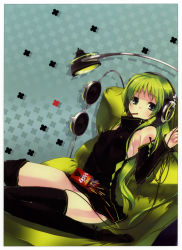 Rule 34 | 1girl, absurdres, black thighhighs, detached sleeves, dress, fingernails, food, green eyes, green hair, headphones, highres, lamp, long fingernails, long hair, matching hair/eyes, mouth hold, nail polish, original, pocky, refeia, scan, sitting, solo, thighhighs