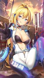Rule 34 | 1girl, :q, absurdres, black bra, blonde hair, blue eyes, bodysuit, bra, breasts, center opening, choker, cleavage, dusk, girl cafe gun, gun, hair between eyes, headgear, headset, highres, juno emmons, large breasts, long hair, navel, official art, outdoors, pointing, pointing at viewer, ponytail, popqn, rifle, sitting, sniper rifle, solo, sparkle, tongue, tongue out, underwear, unzipped, weapon