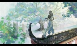Rule 34 | 2boys, an-tinggg, arms behind back, black hair, building, fog, from behind, leaf, letterboxed, long hair, luo xiaohei, luo xiaohei (human), luo xiaohei zhanji, multiple boys, outdoors, profile, rooftop, short sleeves, tree, wide shot, wuxian (the legend of luoxiaohei)