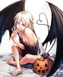 Rule 34 | 1girl, bare legs, bare shoulders, barefoot, black shirt, black wings, blonde hair, blue eyes, breasts, candy, cleavage, commentary request, demon tail, demon wings, food, grey background, grey hair, hair between eyes, halloween, halloween bucket, heart, heart tail, highres, holding, holding candy, holding food, holding lollipop, ia (vocaloid), lollipop, long hair, medium breasts, off shoulder, overlord (overlord80000), shirt, signature, simple background, sitting, solo, tail, vocaloid, wings