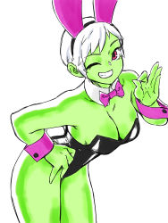 Rule 34 | 1girl, absurdres, animal ears, black leotard, bow, bowtie, breasts, cheelai, cleavage, colored skin, cowboy shot, detached collar, dragon ball, dragon ball super, dragon ball super broly, fake animal ears, fake tail, green skin, hand on own hip, hand up, highres, leotard, medium breasts, ok sign, one eye closed, parted lips, playboy bunny, purple bow, purple bowtie, purple eyes, rabbit ears, rabbit tail, short hair, simple background, smile, solo, strapless, strapless leotard, tail, toshinoshin, white background, white hair, wrist cuffs