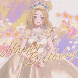 Rule 34 | 1girl, artist name, blonde hair, blue eyes, blush, breasts, calligraphy, caption, cleavage, corset, crown, dress, eyebrows, floral background, flower, gem, gift, gift art, gown, happy birthday, holding, holding wand, jewelry, lace, large breasts, lipstick, makeup, necklace, okitafuji, own hands together, petticoat, portrait, princess, puffy short sleeves, puffy sleeves, real life, red lips, rose, scepter, short sleeves, solo, tiara, wand, wedding dress, white dress, white flower, white rose