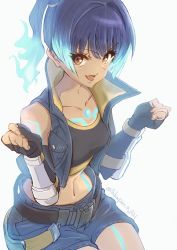 Rule 34 | 1girl, absurdres, belt, blue hair, breasts, chest jewel, cowboy shot, crop top, cropped jacket, denim, denim shorts, fiery hair, fingerless gloves, gloves, glowing lines, highres, midriff, navel, sena (xenoblade), shorts, side ponytail, simple background, small breasts, solo, sports bra, takapon-o-ji, white background, xenoblade chronicles (series), xenoblade chronicles 3