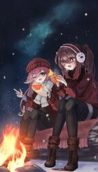 Rule 34 | + +, 2girls, absurdres, brown hair, bug, butterfly, campfire, camping, coat, cup, gengetuhime, genshin impact, highres, hu tao (genshin impact), insect, multiple girls, night, night sky, open mouth, pink hair, scarf, sky, smile, snow, snowing, teacup, white scarf, winter clothes, winter coat, yanfei (genshin impact)