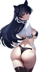 Rule 34 | 1girl, animal ears, ass, atago (azur lane), atago (stunning speedster) (azur lane), azur lane, back, bikini, black bikini, black hair, black thighhighs, blush, breasts, cropped jacket, dog ears, jacket, large breasts, long hair, looking back, mole, mole under eye, official alternate costume, open mouth, race queen, shrug (clothing), solo, swimsuit, thighhighs, tomoyuki hino, white jacket, wrist cuffs, yellow eyes