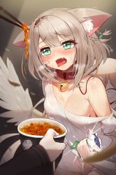Rule 34 | 1girl, absurdres, angel, angel wings, anger vein, animal collar, animal ear fluff, animal ears, bell, blue eyes, bowl, braid, breasts, breath, cat ears, chae ara, character request, chopsticks, collar, commentary, crushing, food, grey hair, hairband, highres, holding, holding bowl, jingle bell, keureu (tiqkdtiqkd10), long hair, medium breasts, milk, milk carton, naked shirt, neck bell, nijisanji, nijisanji kr, no bra, noodles, open mouth, red collar, red hairband, shirt, spicy, sweat, t-shirt, tongue, tongue out, trembling, virtual youtuber, white shirt, wings