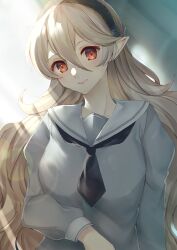 Rule 34 | 1girl, alternate costume, black hairband, black neckerchief, closed mouth, commentary request, corrin (female) (fire emblem), corrin (fire emblem), edamameoka, fire emblem, fire emblem fates, grey shirt, hairband, highres, long hair, long sleeves, looking at viewer, neckerchief, nintendo, pointy ears, red eyes, sailor collar, shirt, simple background, smile, solo, sunlight, very long hair, white sailor collar