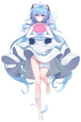 Rule 34 | 1girl, absurdres, alternate costume, bare legs, blue hair, bouquet, bridal garter, bridal veil, choker, commentary, dress, elbow gloves, feathers, flower, full body, ganyu (genshin impact), genshin impact, gloves, highres, holding, holding bouquet, horns, long hair, looking at viewer, muu maa muu, pink flower, pink rose, purple eyes, rose, shoes, simple background, solo, thighs, veil, very long hair, wedding dress, white background, white footwear, white gloves