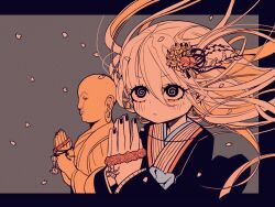 Rule 34 | 1girl, @ @, bags under eyes, beads, bell, blush, buddhism, cherry blossoms, closed mouth, commentary request, falling petals, floating hair, flower, hair bell, hair between eyes, hair flower, hair ornament, japanese clothes, jingle bell, kimono, long hair, long sleeves, looking up, messy hair, monk, monochrome, orange theme, original, outside border, palms together, petals, prayer beads, praying, rose, simple background, solo, statue, terada tera, upper body, v-shaped eyebrows