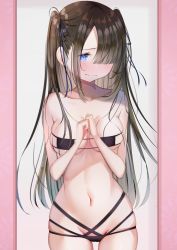 Rule 34 | 1girl, bad id, bad pixiv id, bare arms, bikini, black hair, blue eyes, blush, breasts, closed mouth, collarbone, commentary request, embarrassed, eyepatch bikini, fitting room, hair ornament, hair over eyes, hair over one eye, hair ribbon, highres, long bangs, long hair, navel, original, own hands together, revealing clothes, ribbon, sakura yuu (hzjy8485), small breasts, solo, standing, stomach, swimsuit, thigh gap