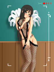 Rule 34 | 1girl, akiyama mio, battery indicator, belly chain, between breasts, black hair, blush, breasts, camera, covering privates, covering crotch, embarrassed, fishnets, highres, indoors, jewelry, k-on!, kimuti-g, large breasts, long hair, looking at viewer, necklace, nipples, recording, solo