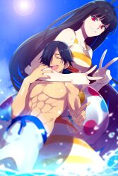 Rule 34 | 1boy, 1girl, bare shoulders, black hair, blue sky, breasts, closed eyes, echo (circa), fate/grand order, fate (series), grin, hair over one eye, innertube, koha-ace, long hair, looking at viewer, medium breasts, one-piece swimsuit, open mouth, oryou (fate), red eyes, sakamoto ryouma (fate), shorts, sky, smile, striped clothes, striped one-piece swimsuit, swim ring, swimsuit, very long hair, white shorts, yellow one-piece swimsuit