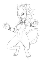 Rule 34 | 1girl, absurdres, alternate form, animal ears, armlet, black sclera, bracelet, breasts, cat ears, cat girl, cat tail, claws, colored sclera, earrings, fangs, furry, highres, isabella (seiken densetsu 3), jewelry, monochrome, necklace, no nipples, no pussy, ring, seiken densetsu, seiken densetsu 3, slit pupils, tail, vecnarvi