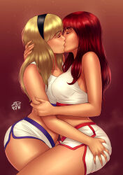 Rule 34 | 2dswirl, 2girls, artist name, ass grab, blonde hair, breast press, breasts, closed eyes, commission, covered erect nipples, crop top, duplicate, french kiss, girl kisses girl, grabbing another&#039;s ass, groping, gwen stacy, gym shirt, gym shorts, gym uniform, hairband, hand on another&#039;s arm, hand on another&#039;s head, highres, hug, kiss, large breasts, long hair, marvel, mary jane watson, multiple girls, night, outdoors, pixel-perfect duplicate, pixiv commission, red background, red hair, shirt, shorts, signature, sky, spider-man (series), star (sky), thighs, yuri