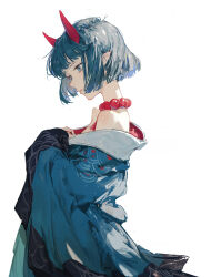 Rule 34 | 1girl, bare shoulders, blue eyes, blue hair, blue kimono, bob cut, borrowed character, demon horns, dino (dinoartforame), from side, hand on own chest, highres, horns, japanese clothes, jewelry, kimono, long sleeves, looking away, looking down, necklace, off shoulder, original, pointy ears, short hair, sidelocks, simple background, solo, white background