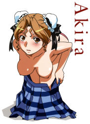 Rule 34 | 1girl, absurdres, artistic nudity, bikini, blush, breasts, brown eyes, brown hair, bun cover, character name, clothes pull, double bun, embarrassed, fine art parody, hair bun, hanging breasts, hayasaka akira, highres, leaning forward, looking at viewer, nipples, official art, panties, parody, plaid, plaid skirt, pleated skirt, pulled by self, side-tie bikini bottom, simple background, skirt, skirt pull, solo, super real mahjong, sweatdrop, swimsuit, tanaka ryou, underwear, undressing, white background