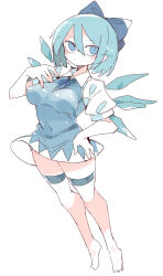 Rule 34 | 1girl, barefoot, blue bow, blue dress, blue eyes, blue hair, blush, bow, breasts, cirno, closed mouth, collared shirt, detached wings, dress, fairy, full body, hair between eyes, hair bow, highres, ice, ice wings, massakasama, medium breasts, shirt, short hair, short sleeves, simple background, solo, thigh strap, touhou, white background, white shirt, wings