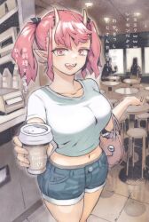Rule 34 | 1girl, bag, bar (place), blush, breasts, commentary request, crop top, cup, denim, denim shorts, disposable cup, earrings, handbag, highres, horns, indoors, jewelry, large breasts, looking at viewer, navel, nishi yoshiyuki, oni, open mouth, original, pink eyes, pink hair, pointy ears, shorts, skin-covered horns, smile, solo, translation request, twintails