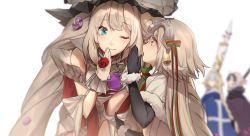 Rule 34 | 4girls, ;), banner, black coat, black gloves, blonde hair, blue coat, blue eyes, blurry, blurry background, bow, braid, braided ponytail, capelet, child, closed mouth, coat, fate/grand order, fate (series), flower, fur-trimmed capelet, fur-trimmed coat, fur-trimmed gloves, fur trim, gloves, grey headwear, hair bow, hair flower, hair ornament, headpiece, holding, jeanne d&#039;arc (fate), jeanne d&#039;arc (ruler) (fate), jeanne d&#039;arc alter (avenger) (fate), jeanne d&#039;arc alter (fate), jeanne d&#039;arc alter santa lily (fate), leaning forward, long hair, looking back, marie antoinette (fate), marie antoinette (third ascension) (fate), multiple girls, no-kan, one eye closed, ponytail, purple flower, silver hair, smile, striped, striped bow, very long hair, white capelet, white gloves, yellow eyes