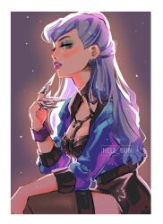 Rule 34 | 1girl, black thighhighs, breasts, claws, cleavage, cropped jacket, demon girl, earrings, evelynn (league of legends), garter straps, hele bun, highres, jacket, jewelry, k/da (league of legends), league of legends, light purple hair, long hair, makeup, medium breasts, open clothes, open jacket, sideways glance, sitting, solo, the baddest evelynn, thighhighs, yellow eyes