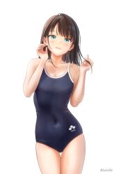 Rule 34 | 1girl, black hair, blue one-piece swimsuit, breasts, competition school swimsuit, covered navel, cowboy shot, green eyes, highres, logo, medium hair, one-piece swimsuit, original, school swimsuit, simple background, small breasts, solo, standing, swept bangs, swimsuit, thigh gap, white background, yuluvine