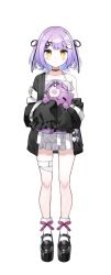 Rule 34 | 1girl, black footwear, black jacket, black ribbon, blush, closed mouth, dress, ghost hair ornament, hair ribbon, highres, holding, holding stuffed toy, jacket, long sleeves, looking at viewer, nishizawa, off shoulder, official art, open clothes, open jacket, platform footwear, purple hair, ribbon, shinomiya runa, shoes, short hair, simple background, sleeves past fingers, sleeves past wrists, solo, standing, stuffed animal, stuffed toy, virtual youtuber, vspo!, white background, white dress, white legwear, yellow eyes