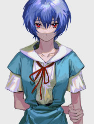 Rule 34 | 1girl, arm behind back, ayanami rei, blue dress, blue hair, collarbone, collared shirt, dress, expressionless, hand on own arm, highres, looking at viewer, neck ribbon, neon genesis evangelion, pinafore dress, red eyes, ribbon, sailor collar, school uniform, shirt, short hair, short sleeves, simple background, sleeveless dress, solo, standing, straight-on, tada (anuanu134), upper body, white background, white shirt