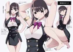 Rule 34 | 1girl, :o, armband, armpits, arms behind head, arms up, bare legs, barefoot, black dress, black eyes, black hair, blunt bangs, bow, bowtie, breasts, cleavage, collared dress, dress, hand on own hip, kuro (toi et moi), light blush, long hair, long sleeves, looking at viewer, looking to the side, medium breasts, nail polish, on one knee, open mouth, original, panties, pantyshot, purple bow, purple bowtie, purple panties, side slit, simple background, sleeveless, sleeveless dress, smile, toenail polish, toenails, toes, underwear, white background