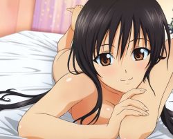 Rule 34 | 1girl, barefoot, bed, blush, breast press, breasts, brown eyes, brown hair, kotegawa yui, long hair, looking at viewer, lying, nude filter, on stomach, smile, solo, the pose, third-party edit, to love-ru