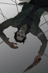 Rule 34 | 1boy, black hair, coat, dead by daylight, holding, holding knife, knife, looking at viewer, mask, michael myers, psd (psdgai), solo, upside-down