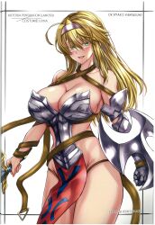 Rule 34 | 1girl, absurdres, ahoge, armor, artoria pendragon (fate), artoria pendragon (lancer) (fate), bare shoulders, blonde hair, blush, breasts, character name, cleavage, collarbone, copyright name, cosplay, fate/grand order, fate (series), fingernails, gauntlets, green eyes, hair ornament, hairband, halterneck, highres, holding, holding sword, holding weapon, kawasumi ayako, large breasts, leina (queen&#039;s blade), leina (queen&#039;s blade) (cosplay), lips, long hair, looking at viewer, open mouth, pelvic curtain, queen&#039;s blade, scan, shield, shiny skin, simple background, single gauntlet, smile, solo, sword, takecha, thighs, voice actor connection, weapon, white background