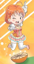 Rule 34 | 1girl, artist name, artist request, blush, bow, chibi, collared dress, dress, female focus, flower, full body, gloves, hair bow, highres, jumping, looking at viewer, love live!, love live! school idol festival, love live! sunshine!!, one eye closed, orange flower, orange hair, pabsmikan, parted lips, pink dress, pink footwear, pink skirt, puffy short sleeves, puffy sleeves, rainbow bow, rainbow neckwear, red eyes, short hair, short sleeves, skirt, smile, solo, striped clothes, striped skirt, takami chika, vertical-striped clothes, vertical-striped skirt, white gloves, white legwear