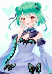 Rule 34 | 1girl, :d, absurdres, animal, blue bow, blue dress, blush, bow, bug, butterfly, commentary request, detached sleeves, double bun, dress, earrings, fang, green hair, grey background, hair bow, hair bun, hair ornament, hand up, highres, hololive, insect, jewelry, juliet sleeves, long sleeves, looking at viewer, open mouth, puffy sleeves, red eyes, segawa luna, skull earrings, skull hair ornament, smile, solo, strapless, strapless dress, uruha rushia, uruha rushia (1st costume), virtual youtuber, white sleeves, wide sleeves