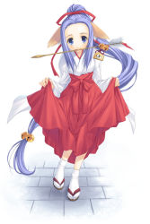 Rule 34 | 1girl, animal ears, arrow (projectile), bell, blue eyes, clothes lift, dog ears, full body, hagure keg, hair ribbon, hakama, hakama skirt, japanese clothes, jingle bell, lifting own clothes, light purple hair, long hair, long sleeves, miko, mouth hold, new year, original, ponytail, red hakama, red ribbon, red skirt, ribbon, sandals, simple background, skirt, skirt lift, socks, solo, standing, stone floor, very long hair, white background, white socks, zouri