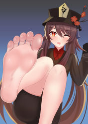 Rule 34 | 1girl, absurdres, barefoot, brown hair, feet, genshin impact, hat, highres, hu tao (genshin impact), long hair, looking at viewer, one eye closed, open mouth, red eyes, soles, symbol-shaped pupils, toes, wink