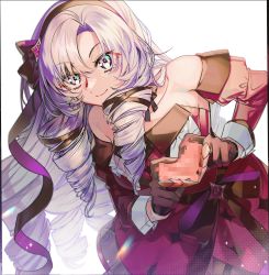 Rule 34 | 1girl, bare shoulders, censored, claw ring, collarbone, detached sleeves, dress, drill hair, formal, gloves, hair ornament, hair ribbon, hairband, heart, heart hands, highres, hyakumantenbara salome, hyakumantenbara salome (1st costume), jewelry, light purple hair, long hair, looking at viewer, mosaic censoring, nijisanji, parted bangs, pineapple (a30930s), purple eyes, ribbon, simple background, smile, solo, very long hair, virtual youtuber, white background