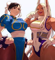 Rule 34 | 2girls, 6maker, animal ears, bare shoulders, blue dress, boku no hero academia, bracelet, breasts, brown eyes, bun cover, capcom, china dress, chinese clothes, chun-li, clenched hands, closed mouth, covered navel, crescent print, dark-skinned female, dark skin, double bun, dress, earrings, fur collar, gloves, hair bun, hand on own hip, hand up, highleg, highleg leotard, jewelry, leotard, long eyelashes, long hair, looking at viewer, medium breasts, mirko, multiple girls, open mouth, pantyhose, parted bangs, pelvic curtain, rabbit ears, rabbit girl, red eyes, sash, short hair, sleeveless turtleneck leotard, smile, spiked bracelet, spikes, street fighter, taut leotard, thick thighs, thighs, toned, very long hair, white background, white gloves, white hair, white leotard, wide hips, yellow trim
